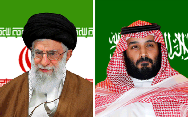 Ali Khamenei (Irã) e Mohamed bin Salman (Arábia Saudita)