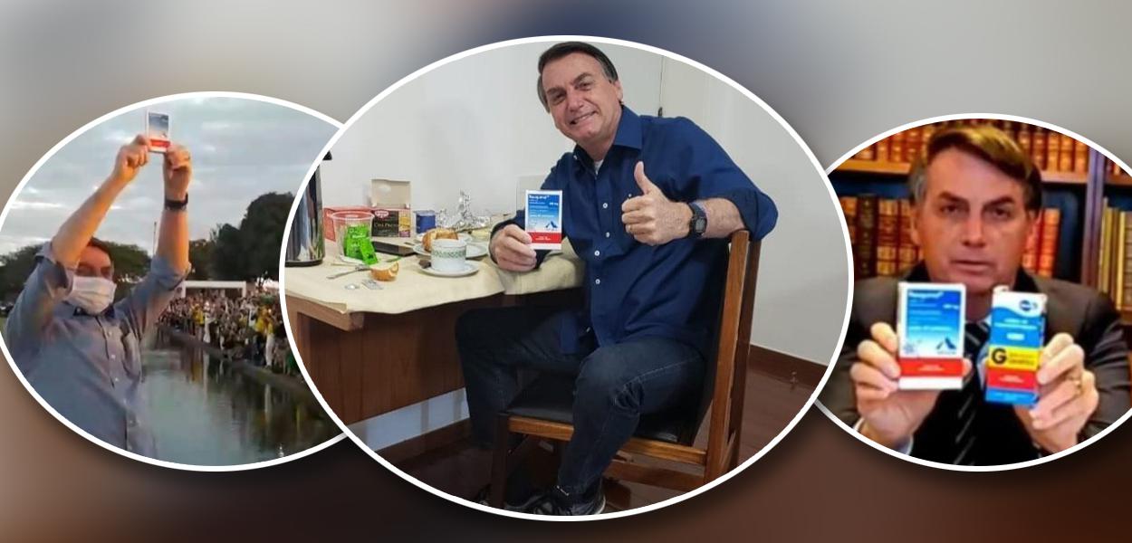 Jair Bolsonaro segurando caixa de cloroquina