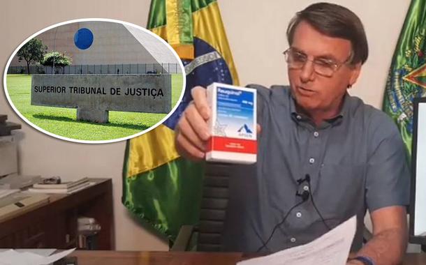 Fachada do STJ e Bolsonaro mostrando caixa de cloroquina