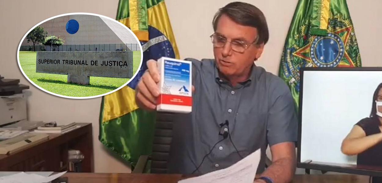 Fachada do STJ e Bolsonaro mostrando caixa de cloroquina