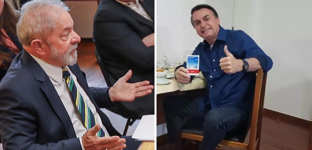 Lula e Jair Bolsonaro mostrando caixa de cloroquina