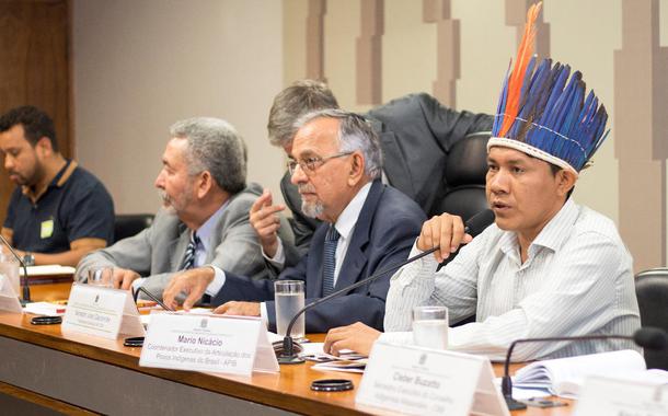 Mario Nicácio Wapichana, vice-coordenador da Coiab, particpa de uma audiência com deputados