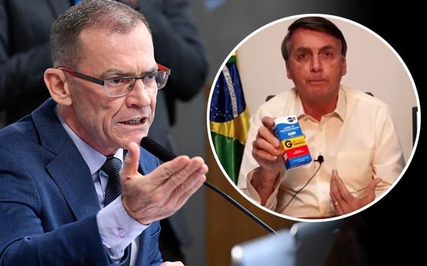 Senador Fabiano Contarato e Jair Bolsonaro mostrando caixa de cloroquina