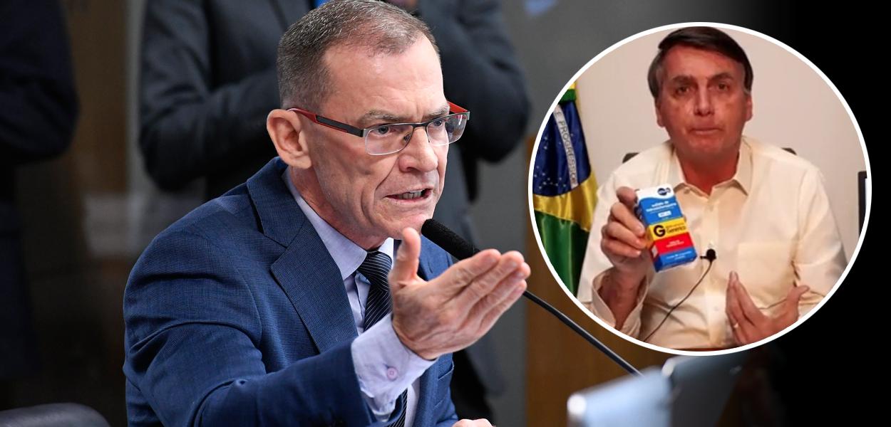 Senador Fabiano Contarato e Jair Bolsonaro mostrando caixa de cloroquina