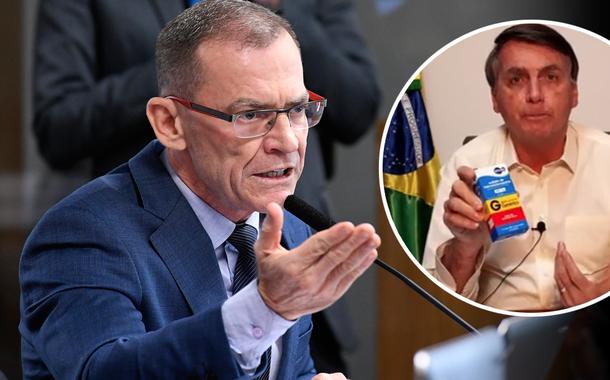 Senador Fabiano Contarato e Jair Bolsonaro mostrando caixa de cloroquina