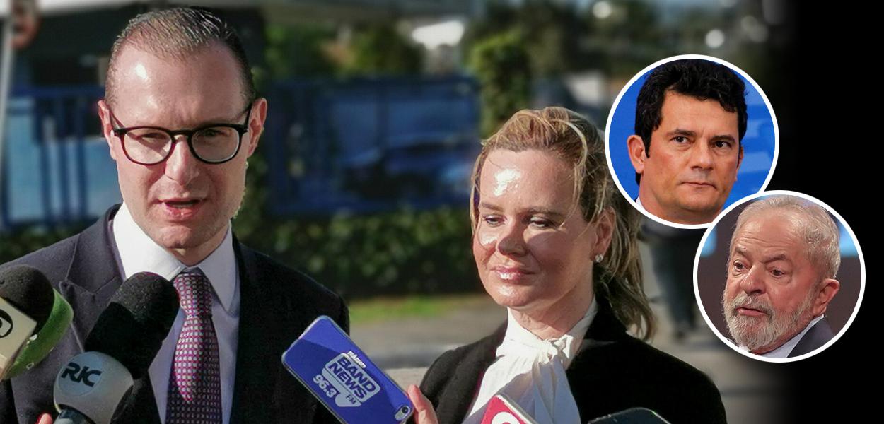 Cristiano Zanin e Valeska Martins; do detalhe, Moro e Lula