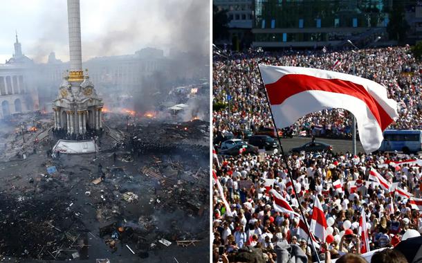 Manifestação na praça Maidan em 2014 e protesto em Minsk neste domingo (16).