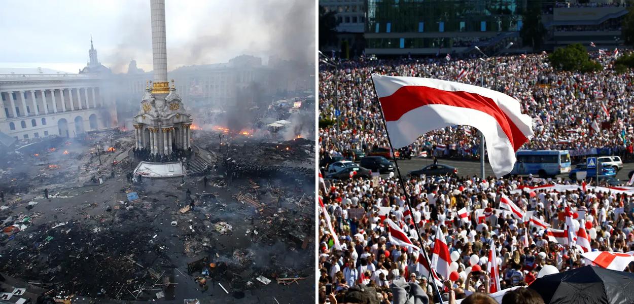 Manifestação na praça Maidan em 2014 e protesto em Minsk neste domingo (16).