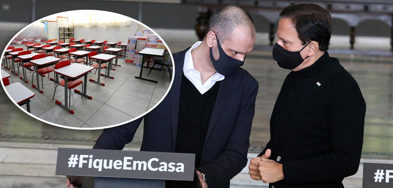 Sala de aula vazia; Bruno Covas com João Doria