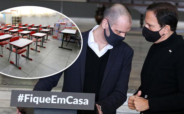 Sala de aula vazia; Bruno Covas com João Doria
