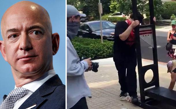 Manifestantes instalam guilhotina em frente à casa de Jeff Bezos.