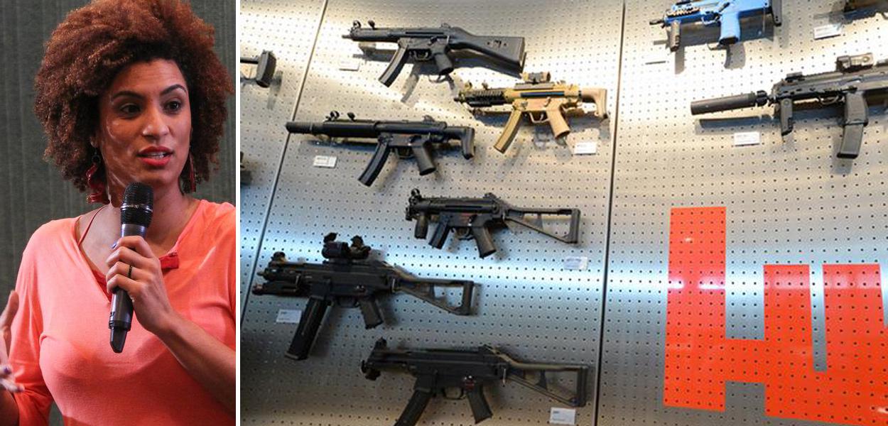 Diferentes tipos da submetralhadora MP5, arma que matou Marielle, em exposição na sede da firma na Alemanha