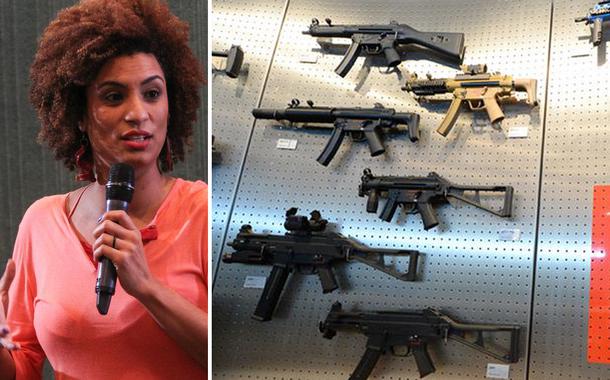 Diferentes tipos da submetralhadora MP5, arma que matou Marielle, em exposição na sede da firma na Alemanha