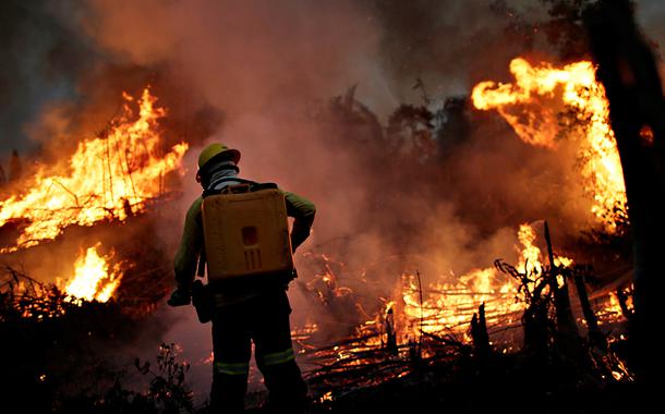 Ibama tenta controlar incêndio em trecho da floresta amazônica em Apuí, Amazonas