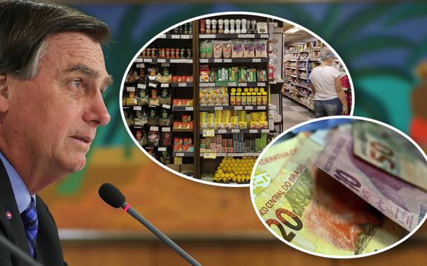 Jair Bolsonaro, pessoa fazendo compras no mercado e notas de real