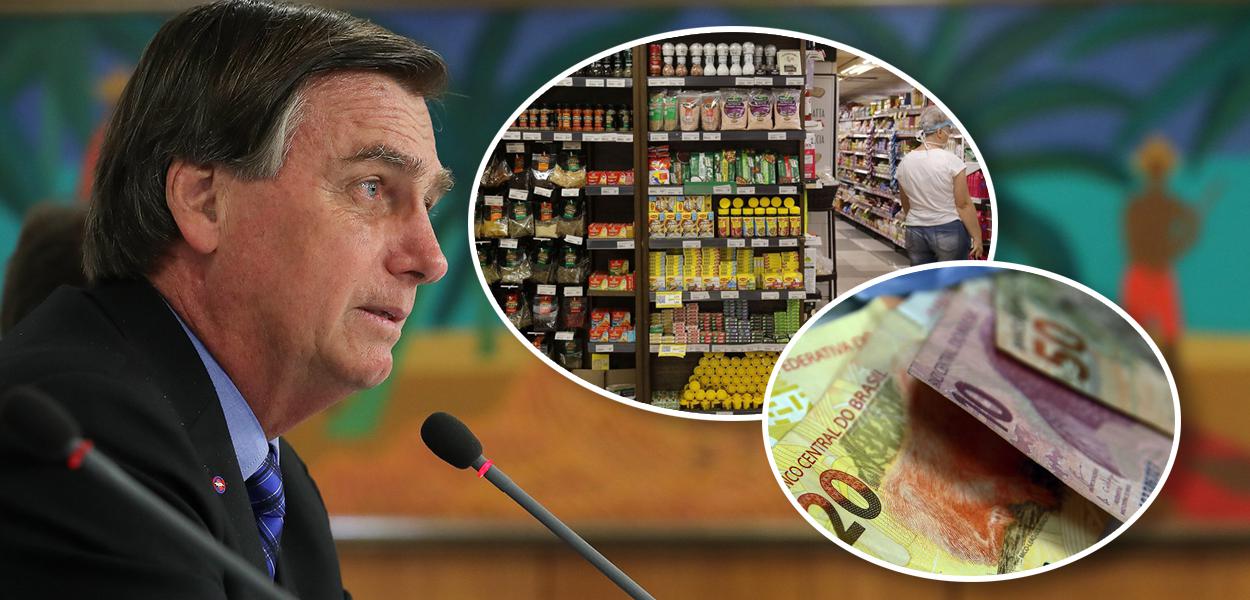 Jair Bolsonaro, pessoa fazendo compras no mercado e notas de real