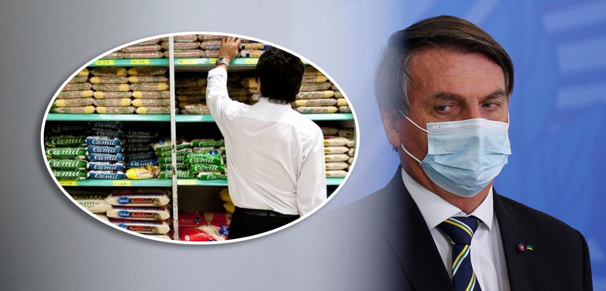 Homem fazendo compra em supermercado e Jair Bolsonaro
