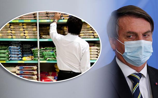 Homem fazendo compra em supermercado e Jair Bolsonaro