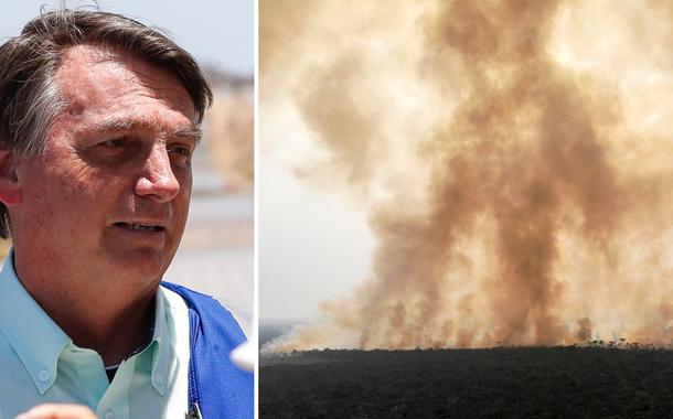 Jair Bolsonaro e fumaça proveniente de incêndio na floresta amazônica perto de Humaitá (AM)