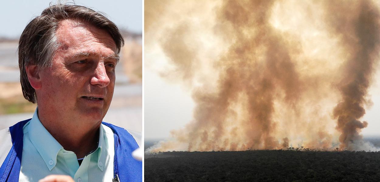 Jair Bolsonaro e fumaça proveniente de incêndio na floresta amazônica perto de Humaitá (AM)
