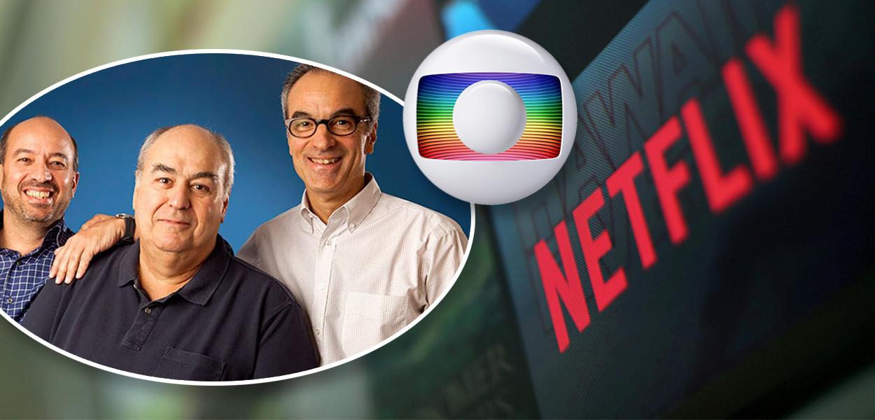 Irmãos Marinho e logos da Globo e Netflix