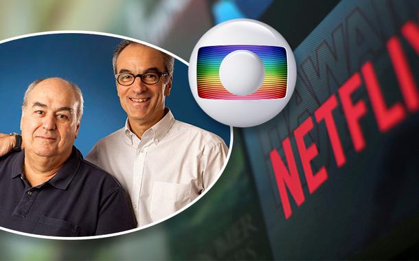 Irmãos Marinho e logos da Globo e Netflix