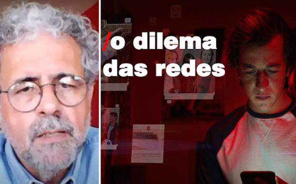 Roberto Moraes e cartaz do filme "O dilema das redes"