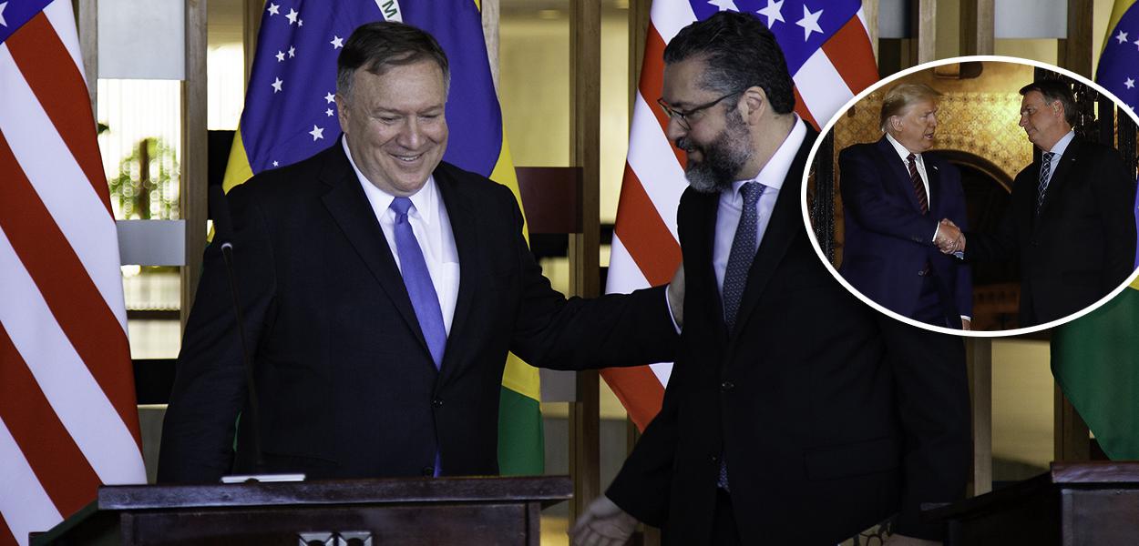 Mike Pompeo com Ernesto Araújo, no detalhe Trump com Bolsonaro