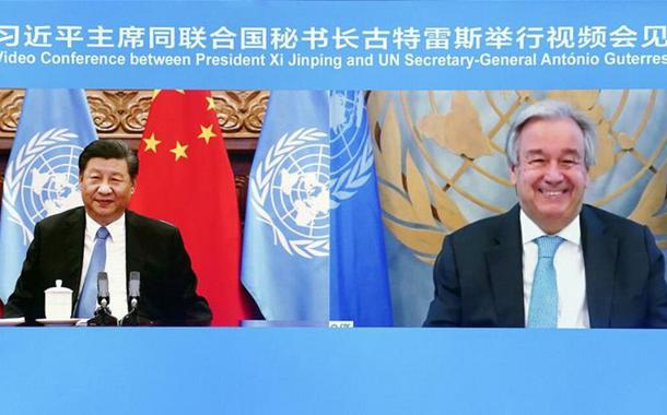 Xi Jinping e António Guterres em videoconferência, em setembro de 2020,