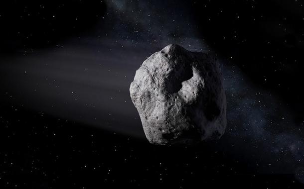 Ilustração mostra o asteroide 2020 SW viajando através do espaço.