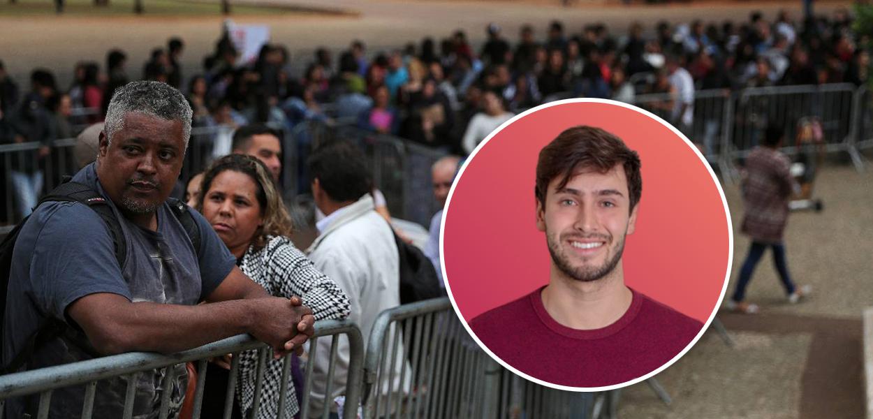 Pessoas na fila em busca de emprego e o executivo Diego Vargas Ortiz