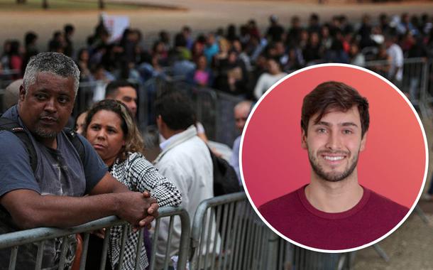 Pessoas na fila em busca de emprego e o executivo Diego Vargas Ortiz