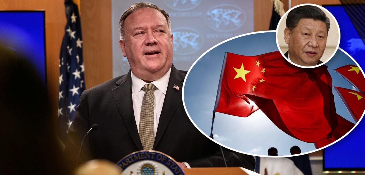 Mike Pompeo, bandeira da China e Xi Jinping