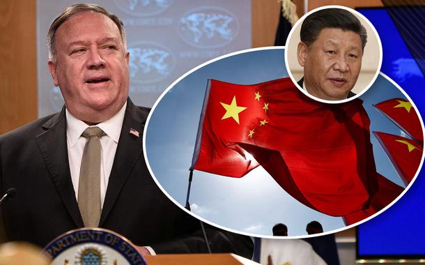 Mike Pompeo, bandeira da China e Xi Jinping