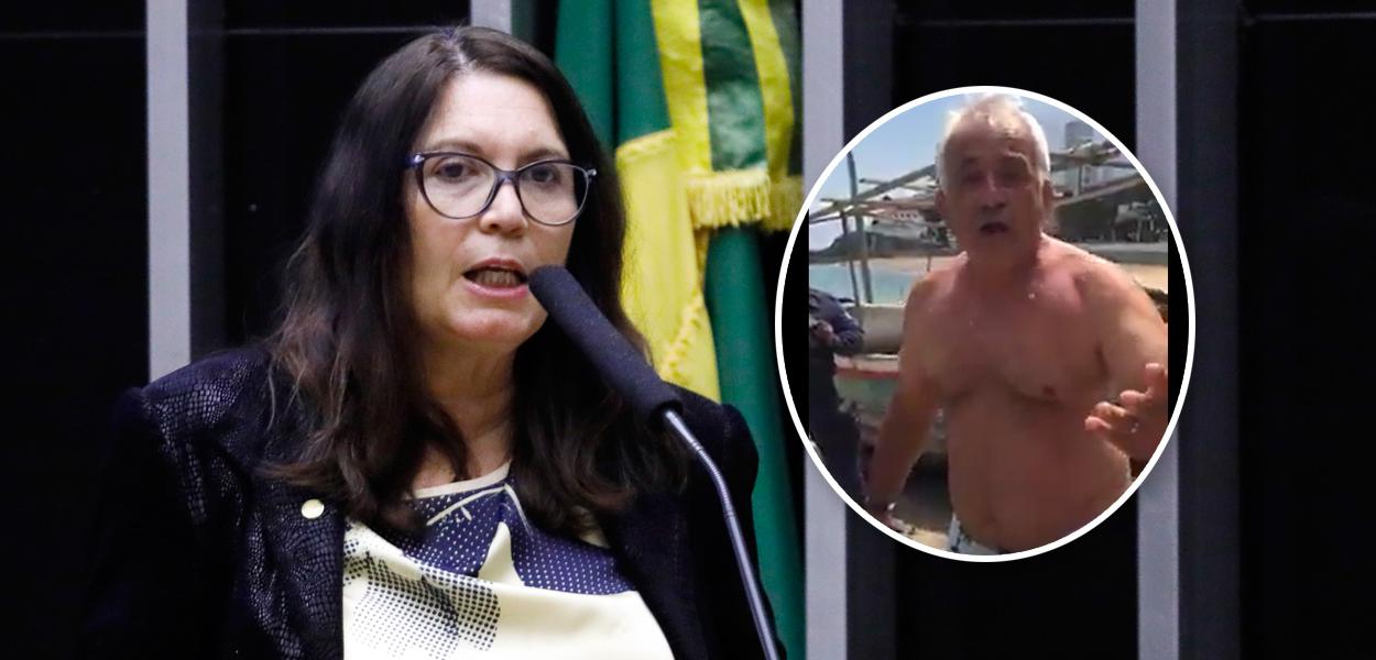 Bia Kicis e homem pedindo para entrar no mar (Foto: Maryanna Oliveira/Câmara dos Deputados | Reprodução) Bia Kicis e homem pedindo para entrar no mar