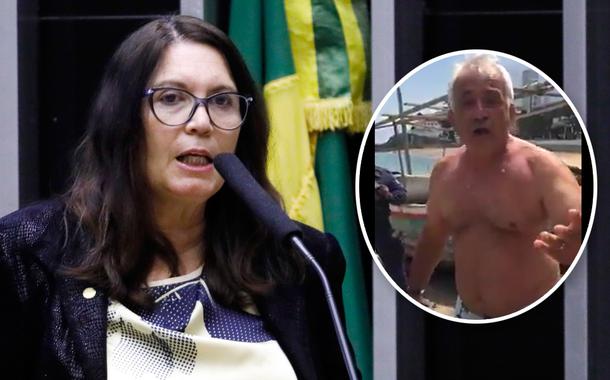 Bia Kicis e homem pedindo para entrar no mar
