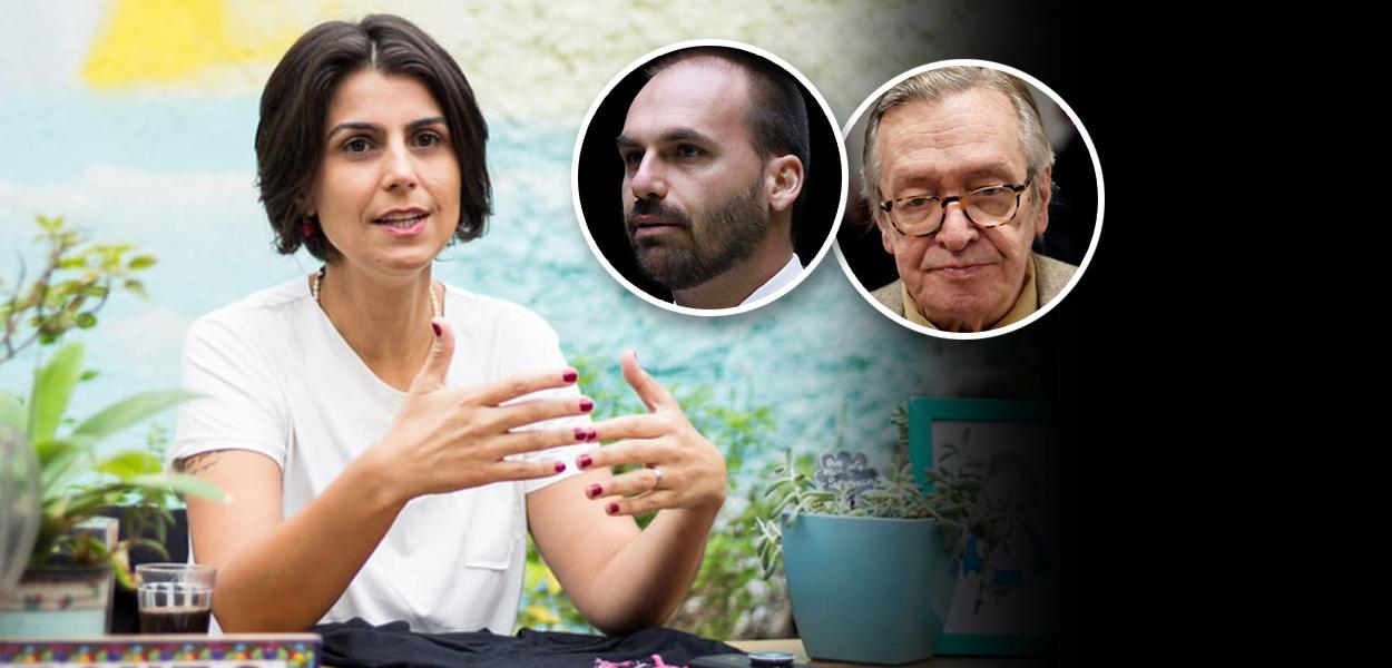 Manuela D'Ávila, Eduardo Bolsonaro e Olavo de Carvalho