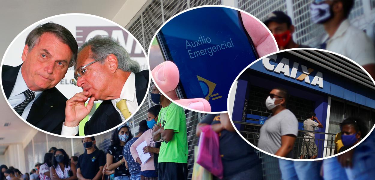 Jair Bolsonaro com Paulo Guedes, aplicativo do auxílio emergêncial e fachada da Caixa Econômica