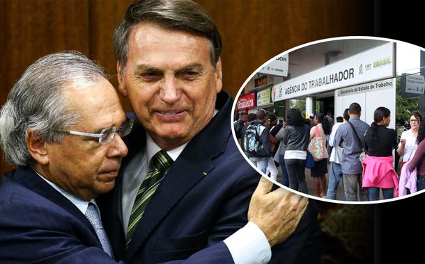 Paulo Guedes com Jair Bolsonaro e fila em agência de emprego