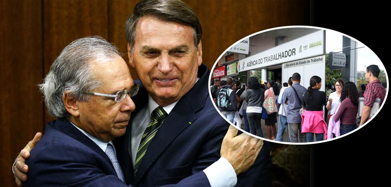 Paulo Guedes com Jair Bolsonaro e fila em agência de emprego