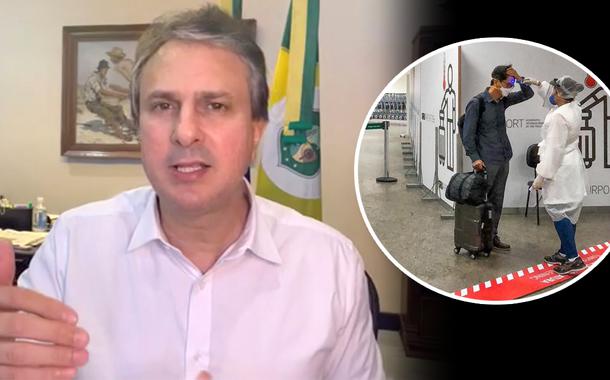 Camilo Santana e passageiro no aeroporto medindo temperatura