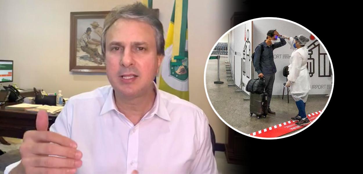 Camilo Santana e passageiro no aeroporto medindo temperatura