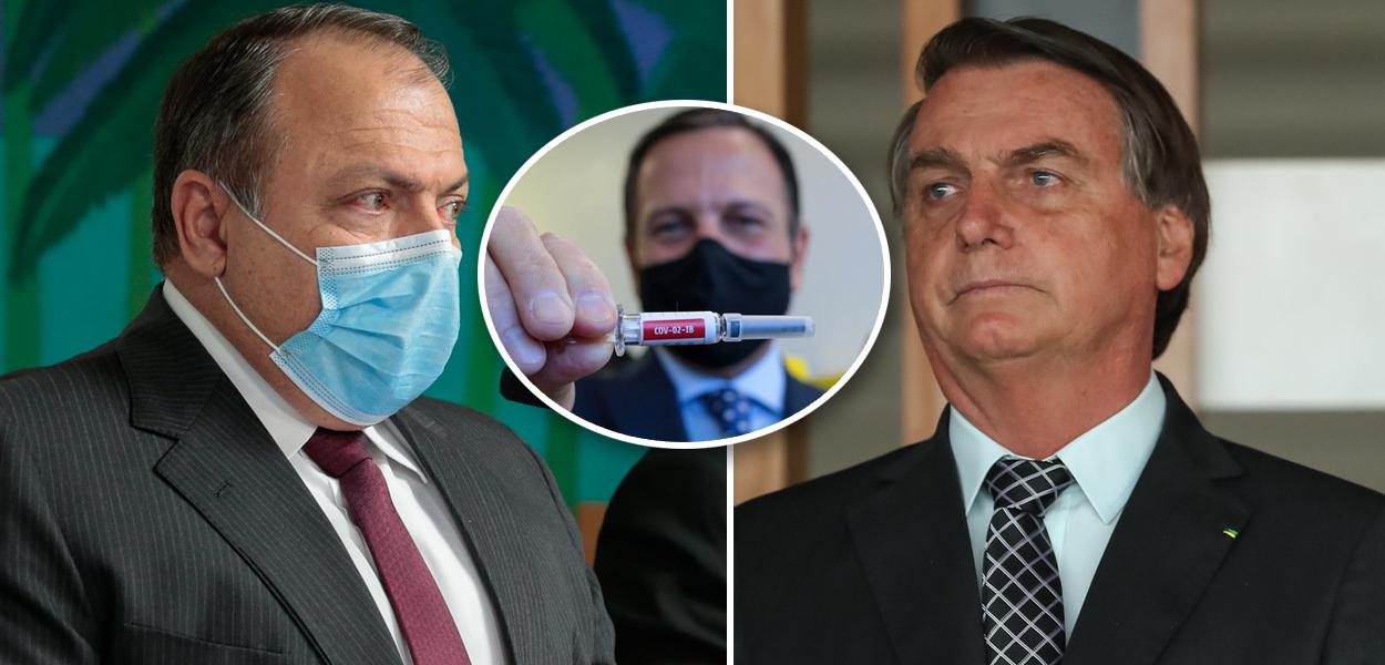 Pazuello, Doria segurando Coronavac e Bolsonaro