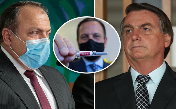 Pazuello, Doria segurando Coronavac e Bolsonaro
