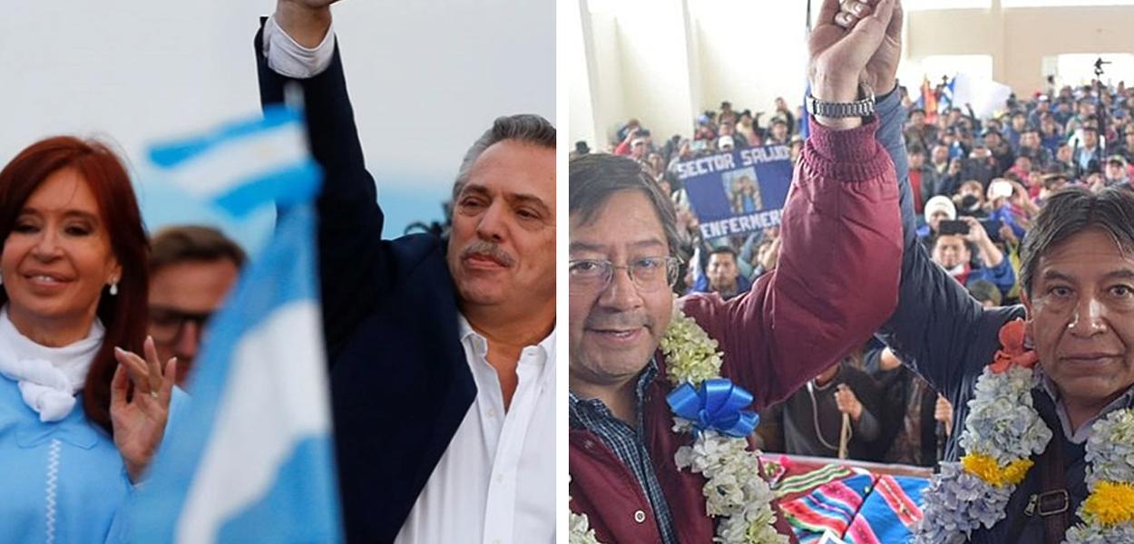 Vice Cristina kirchner, ao lado do presidente argentino, Alberto Fernández, e Luis Arce, eleito presidente da Bolívia, junto com seu vice, David Choquehuanca