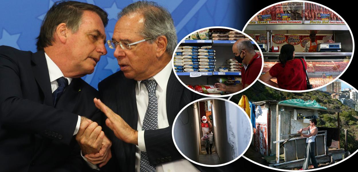 Bolsonaro com Paulo Guedes, pessoas fazendo compras em mercado e cenas de pobreza