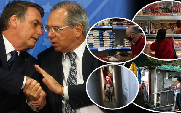 Bolsonaro com Paulo Guedes, pessoas fazendo compras em mercado e cenas de pobreza