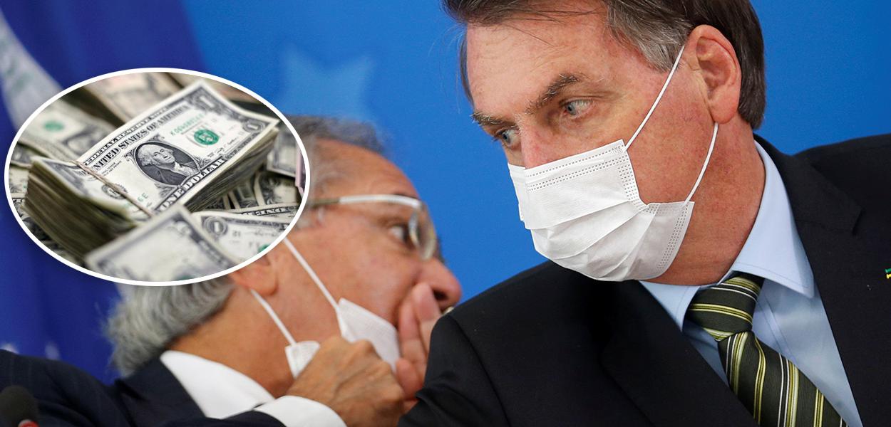 Dólar e Paulo Guedes com Jair Bolsonaro