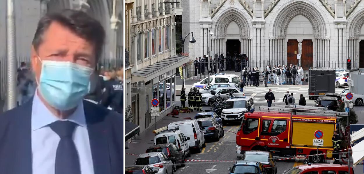 Christian Estrosi; Forças de segurança em área isolada em frente à Basílica de Notre-Dame de Nice, na França, após ataque a faca