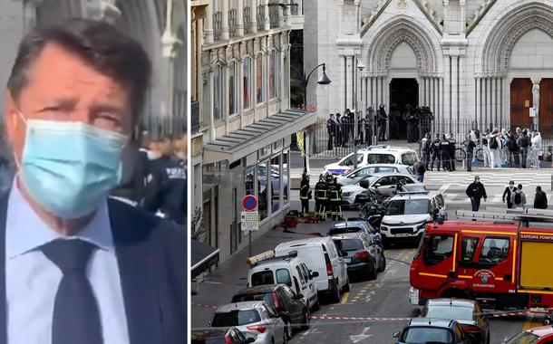 Christian Estrosi; Forças de segurança em área isolada em frente à Basílica de Notre-Dame de Nice, na França, após ataque a faca